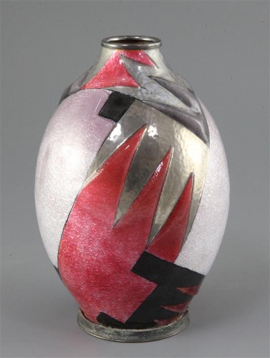 Camille Fauré (1874-1956). A good Art Deco geometric Limoges enamel ovoid vase, c.1925, height 18.5cm